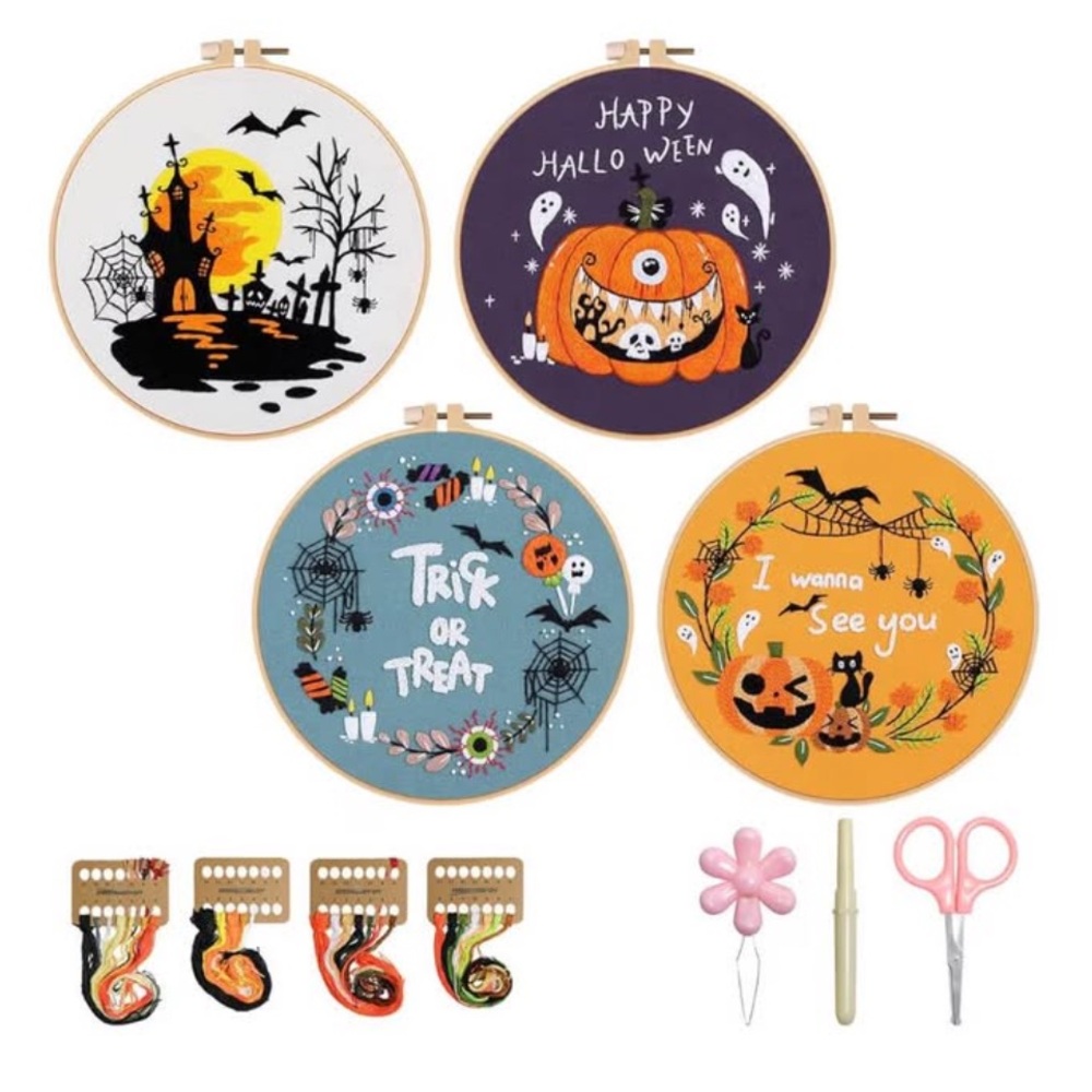 Halloween Embroidery Kit, Pumpkin Cross Stitch Kits, 4 Set